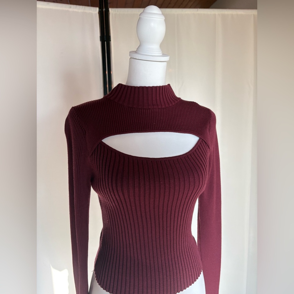 Burgundy Ribbed Cutout Sweater